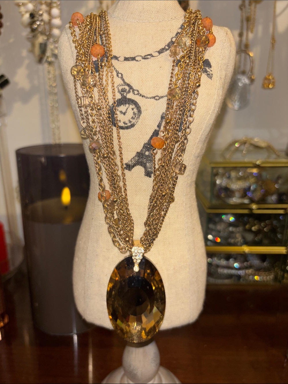 1946 Gold Multi-Strand Necklace with Amber Tones and Large Faceted Pendant